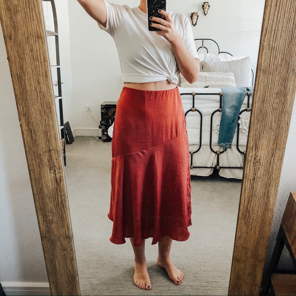 Red Silk Midi Skirt